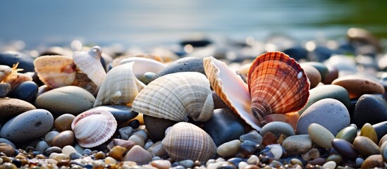 Poster - Background Textures Shells and pebbles beside a creek. Creative banner. Copyspace image