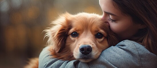 Wall Mural - Cute Dog front view owner petting dog Close up Of A Dog Background. Creative banner. Copyspace image