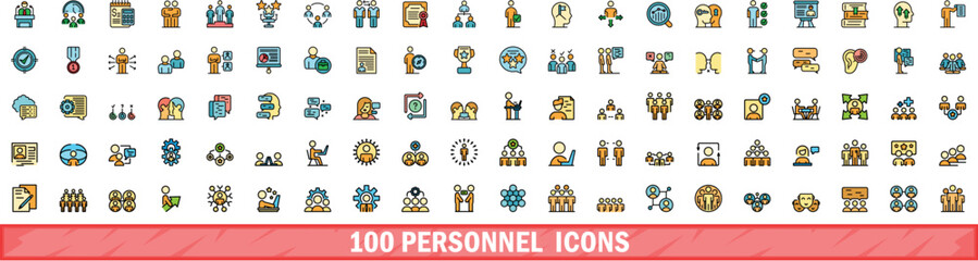 Poster - 100 personnel icons set. Color line set of personnel vector icons thin line color flat on white