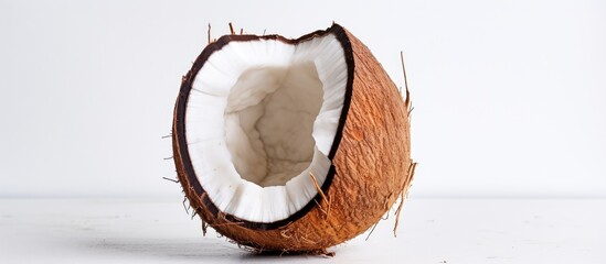 Poster - a broken coconut on white background. Creative banner. Copyspace image