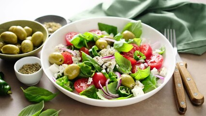 Canvas Print - Fresh healthy vegetable Mediterranean salad of feta cheese, tomato, olives, green pepper and green basil leaves, top view. Stock footage video 4k