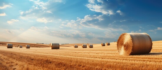 Poster - Straw bales on field in summer. Creative banner. Copyspace image