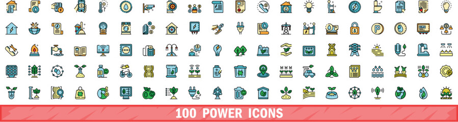 Poster - 100 power icons set. Color line set of power vector icons thin line color flat on white