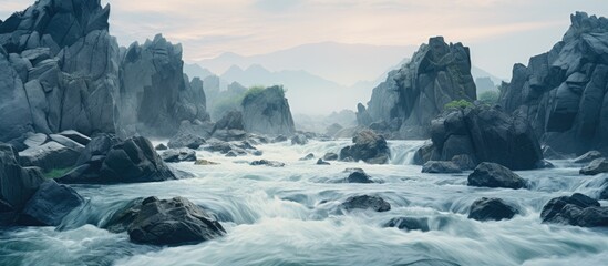 Aufkleber - Water flows through large stones. Creative banner. Copyspace image