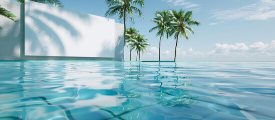 Wall Mural - Clean white billboard in a chic swimming pool, crystal clear water and palm trees reflecting on the surface
