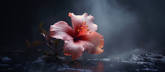 Poster - the blooming flower is shrouded in mist so it looks dark. Creative banner. Copyspace image