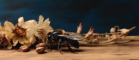 Poster - carpenter bee in dried flowers. Creative banner. Copyspace image