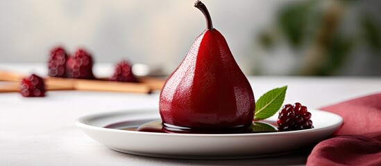 Poached pear in red wine with cinnamon on a light background. Creative banner. Copyspace image