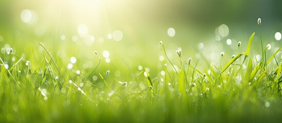 Aufkleber - Soft focus juicy fresh green grass glistens in the sun Sunny summer background. Creative banner. Copyspace image