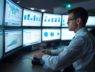 Poster - Financial Analyst Reviewing Complex Data Analytics on Multiple Displays in Office