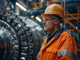 Poster - Industrial Engineer in Hard Hat Examining Machinery in Large Factory