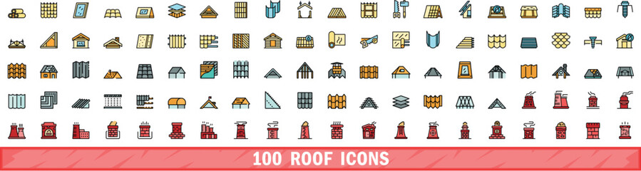 Sticker - 100 roof icons set. Color line set of roof vector icons thin line color flat on white