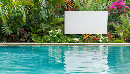 Wall Mural - Pristine white billboard in a tropical swimming pool, vibrant greenery and flowers in the background