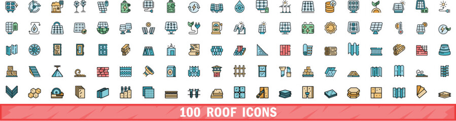 Poster - 100 roof icons set. Color line set of roof vector icons thin line color flat on white