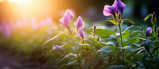 Poster - Soft purple flower and young green long bean bush in the morning light Fresh homegrown organic vegetables green food Plant plot in urban farming Nature background with copy space