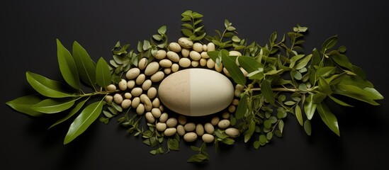 Poster - Egg woman Tamalaki Hazardana Stonebreaker Seed under leaf Phyllanthus niruri L top view have a medicine properties. Creative banner. Copyspace image