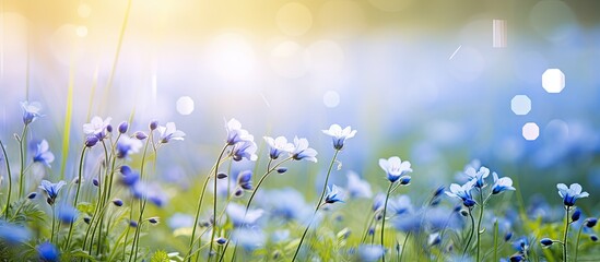 Poster - Tiny blue and white speedwell and fairy flax flowers in a meadow. Creative banner. Copyspace image