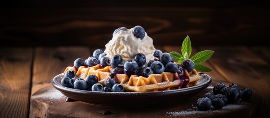 Aufkleber - fresh sweet blueberry with aromatic belgian waffels vanilla ice cream and honey dark wood table rustic. Creative banner. Copyspace image