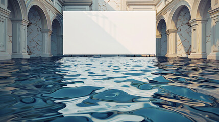 Wall Mural - White billboard in a vintage-style swimming pool, surrounded by art deco elements and water ripples