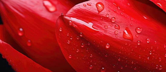 Poster - Closeup of red tulip petal with droplets of water. Creative banner. Copyspace image