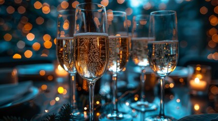 Sparkling champagne in tall flutes set on a table with tealights and soft bokeh lights providing a celebratory atmosphere