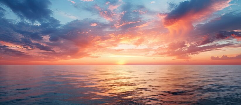 Dramatic clouds above wide pacific ocean at sunset. Creative banner. Copyspace image