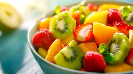 A close-up of a vibrant fruit salad featuring kiwi, mango, and strawberries in a blue bowl