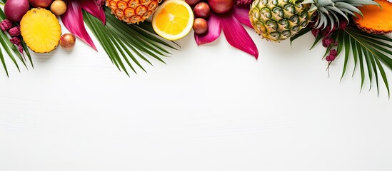Aufkleber - Tropical concept with pineapple dragon and mango fruits palm leaves with bikini on white background Flat lay top view. Creative banner. Copyspace image