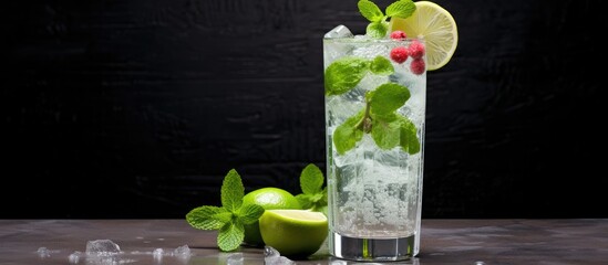 Poster - Mojito cocktail with lime and mint in highball glass on a grey stone background Copy space