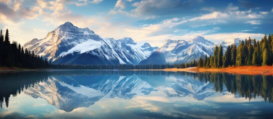 Canvas Print - Mountains reflecting in the water. Creative banner. Copyspace image