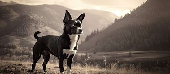 Poster - black and white chihuahua stay in the field. Creative banner. Copyspace image