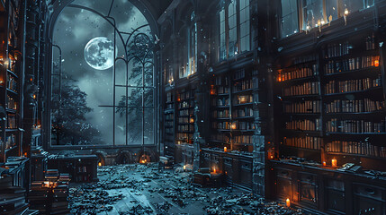 Enchanted Library Under Moonlight