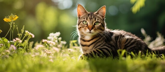 Poster - Cute tabby cat sitting in the park Portrait of a cat outdoor. Creative banner. Copyspace image