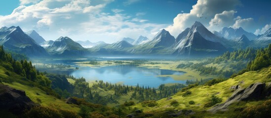 Wall Mural - wetlands and a dense green forest are visible from the mountain hill. creative banner. copyspace ima