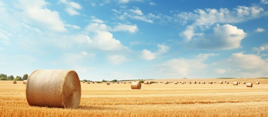 Poster - Straw bales on field in summer. Creative banner. Copyspace image