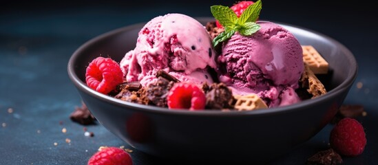 Aufkleber - Berries ice cream in a white bowl with chocolate cookies on dark background Summer vibes. Creative banner. Copyspace image