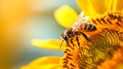 A close-up image of a honeybee collecting pollen from a yellow sunflower on a sunny day