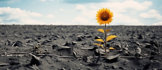 Poster - single smaller sunflower facing in other direction as the others in a field. Creative banner. Copyspace image