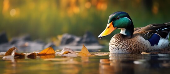 Poster - Mallard duck closeup in park. Creative banner. Copyspace image