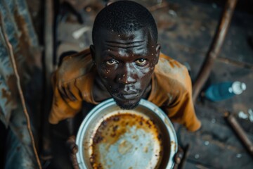 young african man holding empty plate suffering from famine and poverty