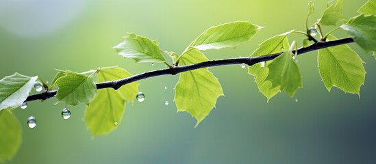 Aufkleber - Young leaves on a tree branch with wet drops in the spring. Creative banner. Copyspace image