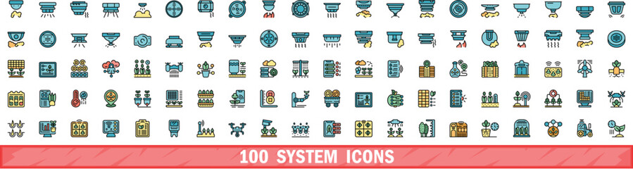 Wall Mural - 100 system icons set. Color line set of system vector icons thin line color flat on white