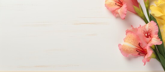 Aufkleber - Branch of pale yellow and pink gladiolus flower and blank red paper sheet with on white office table desk and quill pen Top view flat lay with copy space