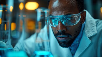 Poster - A person in a lab coat is conducting experiments with laboratory glassware, captured in a blue-tinted scientific environment