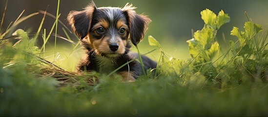 Poster - Portrait of a small puppy in the grass in nature. Creative banner. Copyspace image