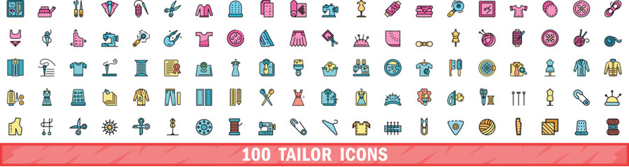 Poster - 100 tailor icons set. Color line set of tailor vector icons thin line color flat on white