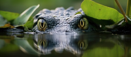 Poster - Alligator Peaking out from under a water lily in a Louisiana Swamp. Creative banner. Copyspace image