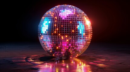 Poster - A large disco ball shines with reflective tiles on a dark checkered floor