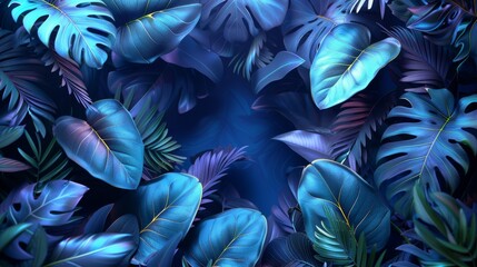 Wall Mural - Image of vibrant tropical leaves with rich blue hues, creating a sense of lushness and exotic feel