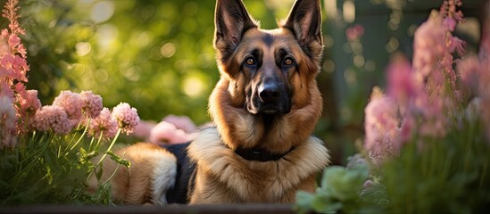 Poster - German Shepherd in the background of flowerbeds with fragrant flowers Portrait of a Shepherd close up. Creative banner. Copyspace image